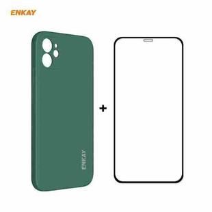 For iPhone 12 Hat-Prince ENKAY ENK-PC0682 Liquid Silicone Straight Edge Shockproof Case + 0.26mm 9H 2.5D Full Glue Tempered Glass Film(Dark Green)