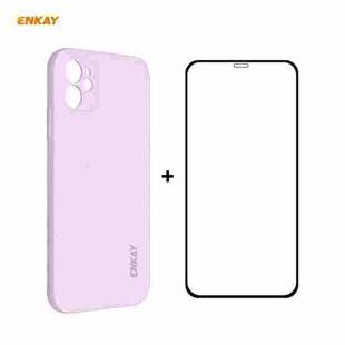 For iPhone 12 Hat-Prince ENKAY ENK-PC0682 Liquid Silicone Straight Edge Shockproof Case + 0.26mm 9H 2.5D Full Glue Tempered Glass Film(Purple)