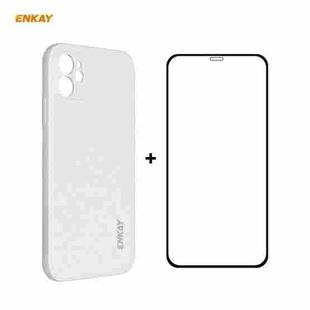 For iPhone 12 Hat-Prince ENKAY ENK-PC0682 Liquid Silicone Straight Edge Shockproof Case + 0.26mm 9H 2.5D Full Glue Tempered Glass Film(Beige)