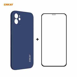 For iPhone 12 Hat-Prince ENKAY ENK-PC0682 Liquid Silicone Straight Edge Shockproof Case + 0.26mm 9H 2.5D Full Glue Tempered Glass Film(Dark Blue)