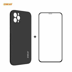 For iPhone 12 Pro Hat-Prince ENKAY ENK-PC0692 Liquid Silicone Straight Edge Shockproof Case + 0.26mm 9H 2.5D Full Glue Tempered Glass Film(Black)