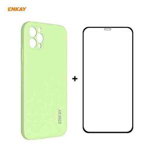 For iPhone 12 Pro Hat-Prince ENKAY ENK-PC0692 Liquid Silicone Straight Edge Shockproof Case + 0.26mm 9H 2.5D Full Glue Tempered Glass Film(Light Green)