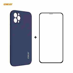 For iPhone 12 Pro Hat-Prince ENKAY ENK-PC0692 Liquid Silicone Straight Edge Shockproof Case + 0.26mm 9H 2.5D Full Glue Tempered Glass Film(Dark Blue)