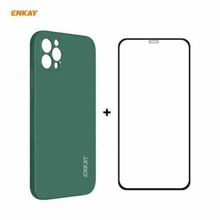 For iPhone 12 Pro Max Hat-Prince ENKAY ENK-PC0702 Liquid Silicone Straight Edge Shockproof Case + 0.26mm 9H 2.5D Full Glue Tempered Glass Film(Dark Green)