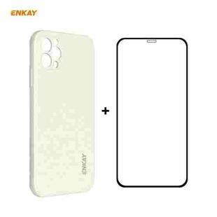 For iPhone 12 Pro Max Hat-Prince ENKAY ENK-PC0702 Liquid Silicone Straight Edge Shockproof Case + 0.26mm 9H 2.5D Full Glue Tempered Glass Film(Beige)