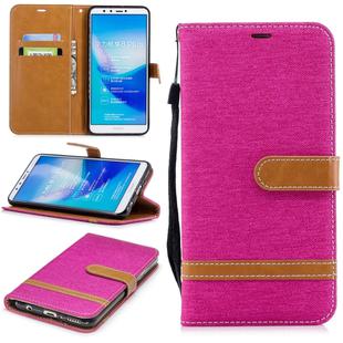 Color Matching Denim Texture Leather Case for Huawei Y9 2018 & Enjoy 8 Plus , with Holder & Card Slots & Wallet & Lanyard(Rose Red)