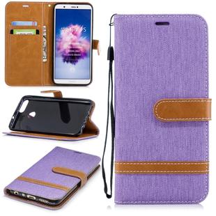 Color Matching Denim Texture Leather Case for Huawei P Smart / Enjoy 7S, with Holder & Card Slots & Wallet & Lanyard(Purple)
