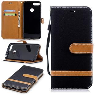 Color Matching Denim Texture Leather Case for Huawei Honor 7A & Y6 (2018), with Holder & Card Slots & Wallet & Lanyard(Black)
