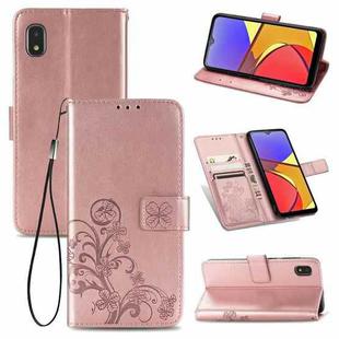 For Samsung Galaxy A21 (JP Version) Four-leaf Clasp Embossed Buckle Mobile Phone Protection Leather Case with Lanyard & Card Slot & Wallet & Bracket Function(Rose Gold)