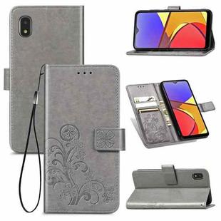 For Samsung Galaxy A21 (JP Version) Four-leaf Clasp Embossed Buckle Mobile Phone Protection Leather Case with Lanyard & Card Slot & Wallet & Bracket Function(Gray)