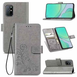 For OnePlus 8T Four-leaf Clasp Embossed Buckle Mobile Phone Protection Leather Case with Lanyard & Card Slot & Wallet & Bracket Function(Gray)