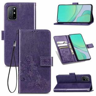 For OnePlus 8T Four-leaf Clasp Embossed Buckle Mobile Phone Protection Leather Case with Lanyard & Card Slot & Wallet & Bracket Function(Purple)