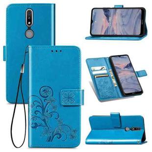 For Nokia 2.4 Four-leaf Clasp Embossed Buckle Mobile Phone Protection Leather Case with Lanyard & Card Slot & Wallet & Bracket Function(Blue)