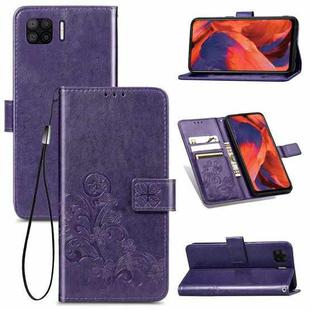 For OPPO F17 Four-leaf Clasp Embossed Buckle Mobile Phone Protection Leather Case with Lanyard & Card Slot & Wallet & Bracket Function(Purple)