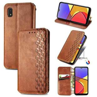 For Samsung Galaxy A21 (JP Version) Cubic Grid Pressed Horizontal Flip Magnetic PU Leather Case with Holder & Card Slots & Wallet(Brown)
