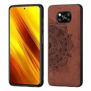 For Xiaomi Poco X3 NFC Mandala Embossed Cloth Cover PC + TPU Case with Magnetic Function and Hand Strap(Brown)