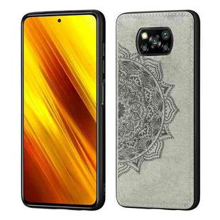 For Xiaomi Poco X3 NFC Mandala Embossed Cloth Cover PC + TPU Case with Magnetic Function and Hand Strap(Grey)