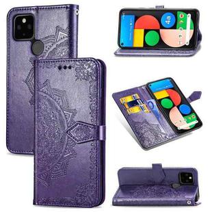 For Google Pixel 4a 5G Halfway Mandala Embossing Pattern Horizontal Flip PU Leather Case with Card Slots & Holder & Wallet & Lanyard(Purple)