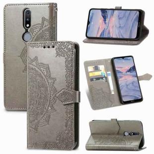 For Nokia 2.4 Mandala Flower Embossed Horizontal Flip Leather Case with Bracket / Card Slot / Wallet / Lanyard(Gray)