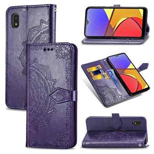 For Samsung Galaxy A21 (JP Version) Mandala Flower Embossed Horizontal Flip Leather Case with Bracket / Card Slot / Wallet / Lanyard(Purple)