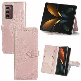 For Samsung Galaxy Z Fold2 Mandala Flower Embossed Horizontal Flip Leather Case with Bracket / Card Slot / Wallet / Lanyard(Rose Gold)