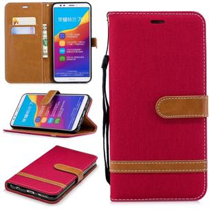 Color Matching Denim Texture Leather Case for Huawei Honor 7C / Enjoy 8, with Holder & Card Slots & Wallet & Lanyard(Red)