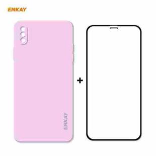 For iPhone X / XS Hat-Prince ENKAY ENK-PC0712 Liquid Silicone Straight Edge Shockproof Protective Case + 0.26mm 9H 2.5D Full Glue Full Screen Tempered Glass Film(Purple)