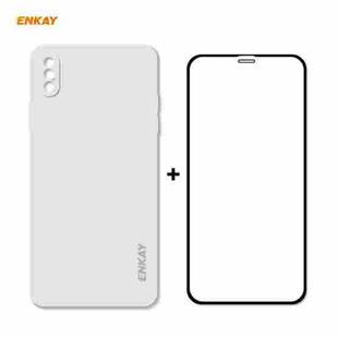 For iPhone XS Max ENKAY ENK-PC0722 Hat-Prince Liquid Silicone Straight Edge Shockproof Protective Case + 0.26mm 9H 2.5D Full Glue Full Screen Tempered Glass Film(White)