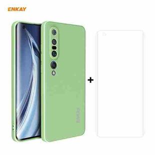 For Xiaomi Mi 10 Pro 5G Hat-Prince ENKAY ENK-PC0762 Liquid Silicone Straight Edge Shockproof Protective Case  + 3D Full Screen PET Curved Hot Bending HD Screen Protector Soft Film(Light Green)