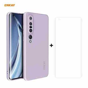 For Xiaomi Mi 10 Pro 5G Hat-Prince ENKAY ENK-PC0762 Liquid Silicone Straight Edge Shockproof Protective Case  + 3D Full Screen PET Curved Hot Bending HD Screen Protector Soft Film(Purple)
