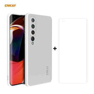 For Xiaomi Mi 10 5G Hat-Prince ENKAY ENK-PC0752 Liquid Silicone Straight Edge Shockproof Protective Case  + 3D Full Screen PET Curved Hot Bending HD Screen Protector Soft Film(White)