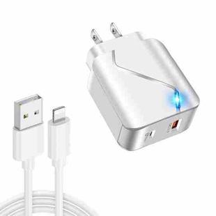 LZ-819A+C 18W QC3.0 USB + PD USB-C / Type-C Interface Travel Charger with Indicator Light + USB to 8 Pin Fast Charging Data Cable Set, US Plug(White)