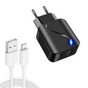 LZ-819A+C 18W QC3.0 USB + PD USB-C / Type-C Interface Travel Charger with Indicator Light + USB to 8 Pin Fast Charging Data Cable Set, EU Plug(Black)