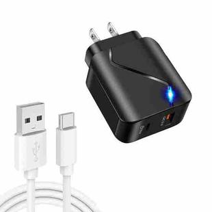 LZ-819A+C 18W QC3.0 USB + PD USB-C / Type-C Interface Travel Charger with Indicator Light + USB to USB-C / Type-C Fast Charging Data Cable Set, US Plug(Black)