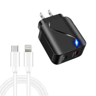 LZ-819A+C 18W QC3.0 USB + PD USB-C / Type-C Interface Travel Charger with Indicator Light + USB-C / Type-C to 8 Pin Fast Charging Data Cable Set, US Plug(Black)
