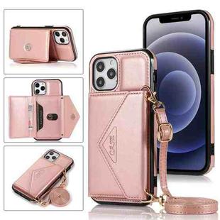 For iPhone 12 / 12 Pro Multi-functional Cross-body Card Bag TPU+PU Back Cover Case with Holder & Card Slot & Wallet(Rose Gold)