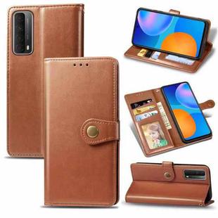 For Huawei P Smart 2021 Retro Solid Color Leather Buckle Phone Case with Lanyard & Photo Frame & Card Slot & Wallet & Stand Function(Brown)