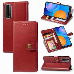 For Huawei P Smart 2021 Retro Solid Color Leather Buckle Phone Case with Lanyard & Photo Frame & Card Slot & Wallet & Stand Function(Red)