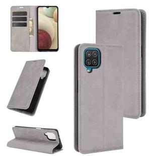 For Samsung Galaxy A12 Retro-skin Business Magnetic Suction Leather Case with Holder & Card Slots & Wallet(Grey)