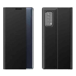 For Huawei P smart 2021 / Y7a Side Display Magnetic Horizontal Flip Plain Texture Cloth + PC Case with Holder & Sleep / Wake-up Function(Black)