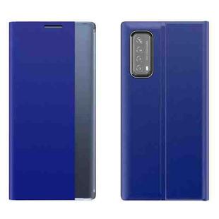 For Huawei P smart 2021 / Y7a Side Display Magnetic Horizontal Flip Plain Texture Cloth + PC Case with Holder & Sleep / Wake-up Function(Blue)