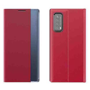 For Huawei P smart 2021 / Y7a Side Display Magnetic Horizontal Flip Plain Texture Cloth + PC Case with Holder & Sleep / Wake-up Function(Red)