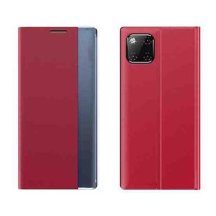 For iPhone 12 Pro Max Side Window Display Magnetic Suction Plain Grain Flip PU Leather + PC Case with Holder(Red)
