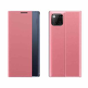 For iPhone 11 Side Window Display Magnetic Suction Plain Grain Flip PU Leather + PC Case with Holder (Pink)