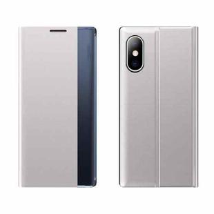 Side Window Display Magnetic Suction Plain Grain Flip PU Leather + PC Case with Holder For iPhone XS / X(Silver)