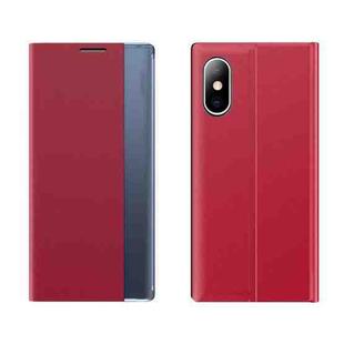 Side Window Display Magnetic Suction Plain Grain Flip PU Leather + PC Case with Holder For iPhone XS / X(Red)