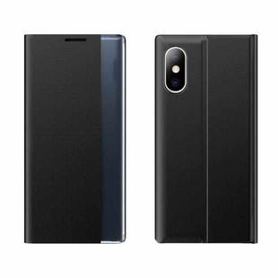 Side Window Display Magnetic Suction Plain Grain Flip PU Leather + PC Case with Holder For iPhone XR(Black)