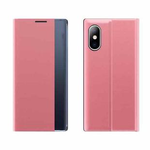 Side Window Display Magnetic Suction Plain Grain Flip PU Leather + PC Case with Holder For iPhone XR(Pink)