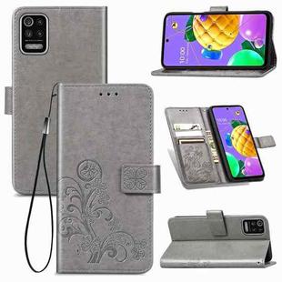 For LG K52 Four-leaf Clasp Embossed Buckle Mobile Phone Protection Leather Case with Lanyard & Card Slot & Wallet & Bracket Function(Gray)