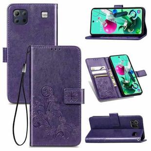 For LG K92 5G Four-leaf Clasp Embossed Buckle Mobile Phone Protection Leather Case with Lanyard & Card Slot & Wallet & Bracket Function(Purple)